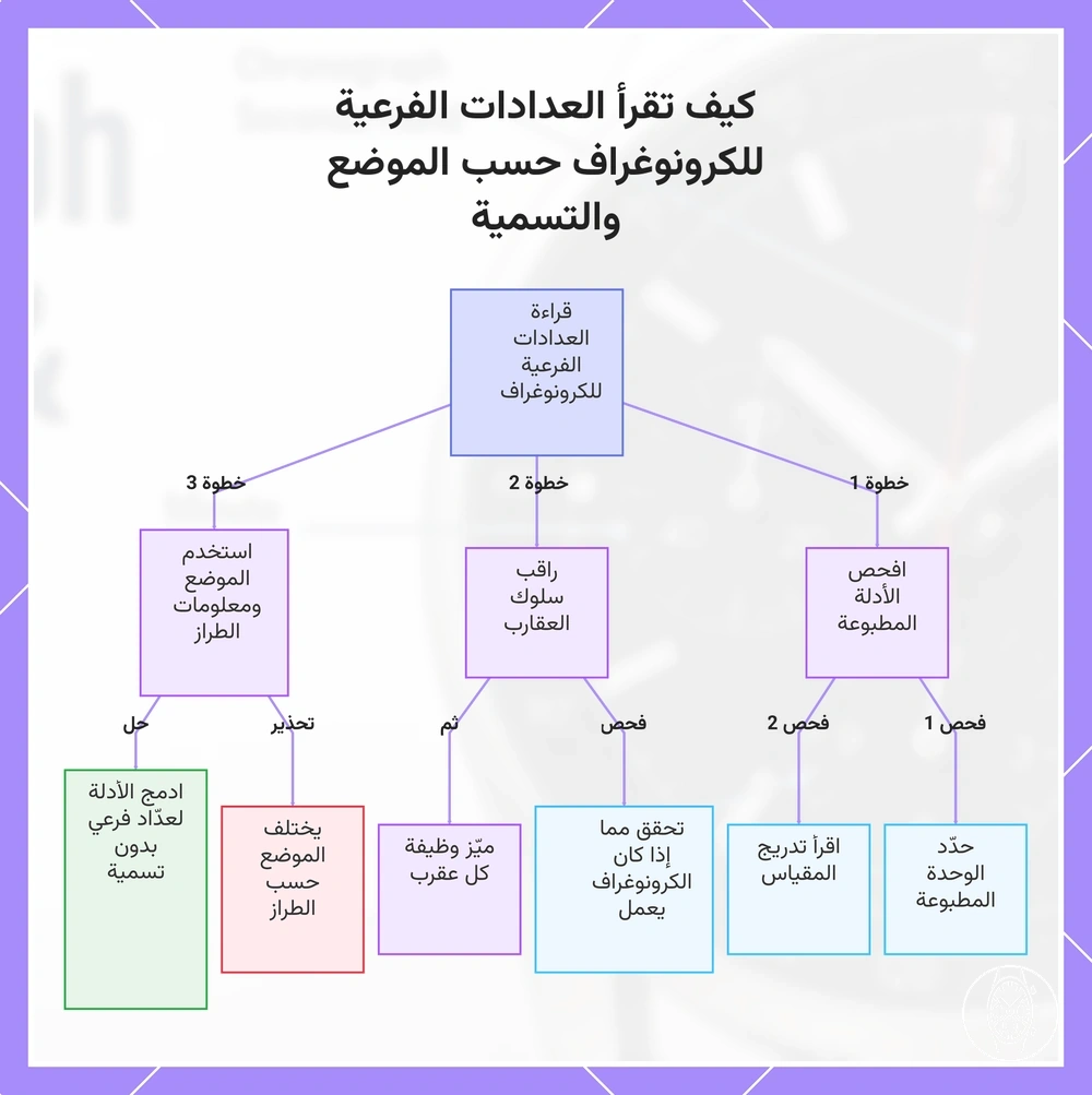 كيف تقرأ العدادات الفرعية للكرونوغراف حسب الموضع والتسمية