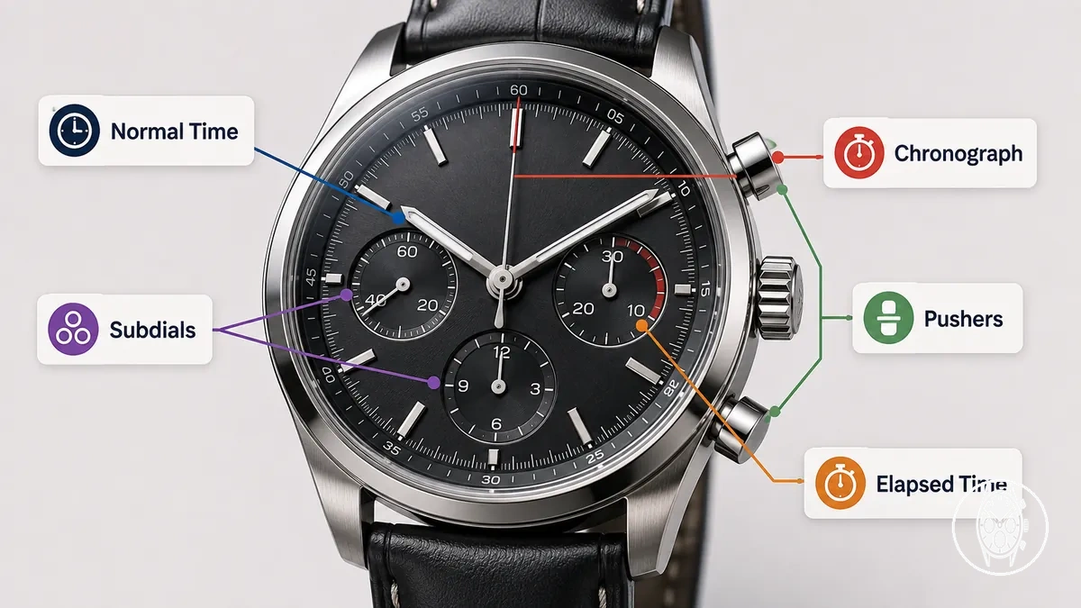 annotiertes Herrenuhr-Zifferblatt mit Chronographen-Hilfszifferblättern, Drückern und normalen Zeigern