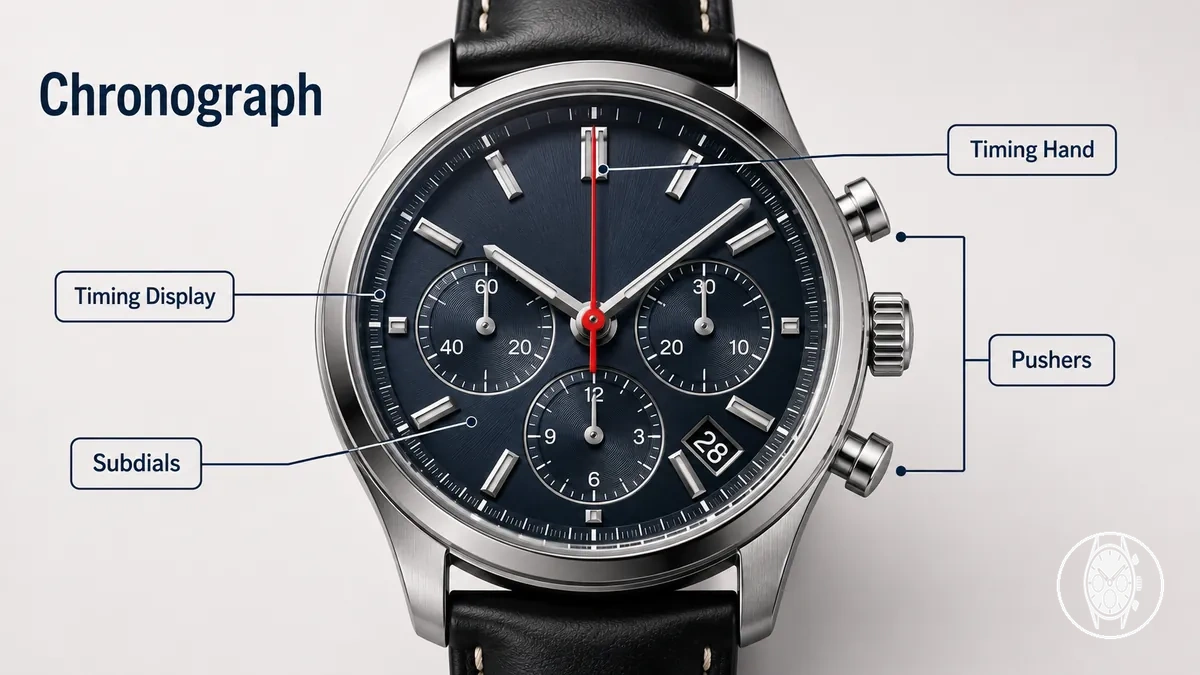 Zifferblatt einer Herren-Chronographenuhr mit Hilfszifferblättern und Drückern, die eine Stoppuhrfunktion hinzufügen