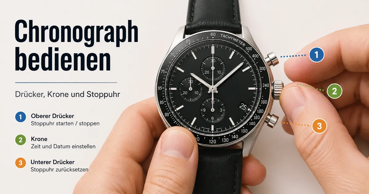 Hände bedienen Drücker und Krone eines Herren-Chronographen, um die Stoppuhr einzustellen und zu starten