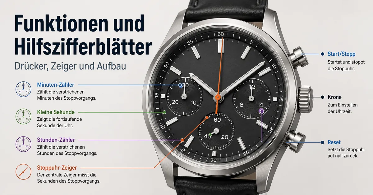 Zifferblatt eines Herren-Chronographen mit Hilfszifferblättern, Drückern und Stoppuhrzeigern