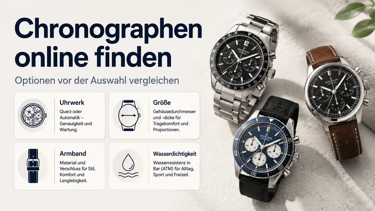 Herren-Chronographen mit Vergleichskriterien zum Prüfen von Online-Optionen