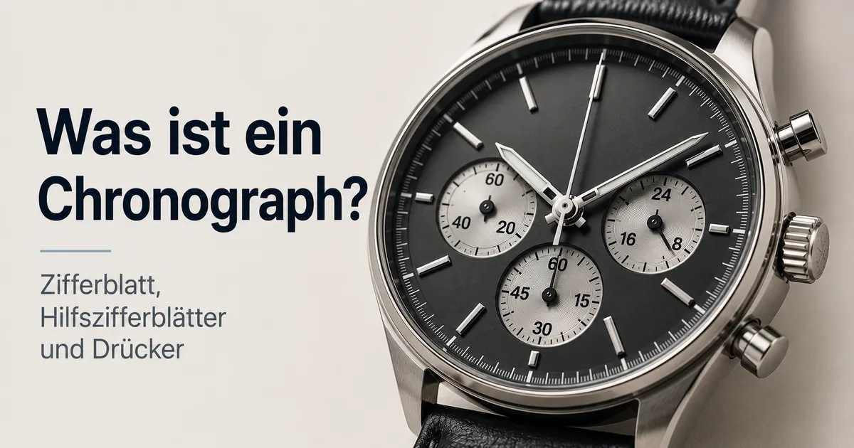 Nahaufnahme des Zifferblatts eines Herren-Chronographen mit sichtbaren Hilfszifferblättern und Drückern