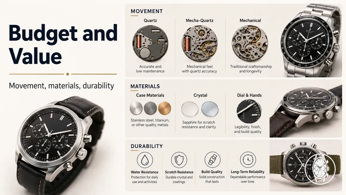Men's chronograph watches arranged by budget and value factors such as movement, materials, and durability
