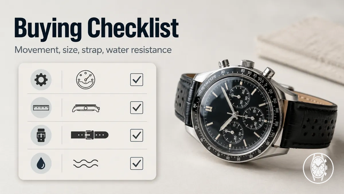 Men's chronograph watch selection checklist with movement, size, strap, and water resistance criteria