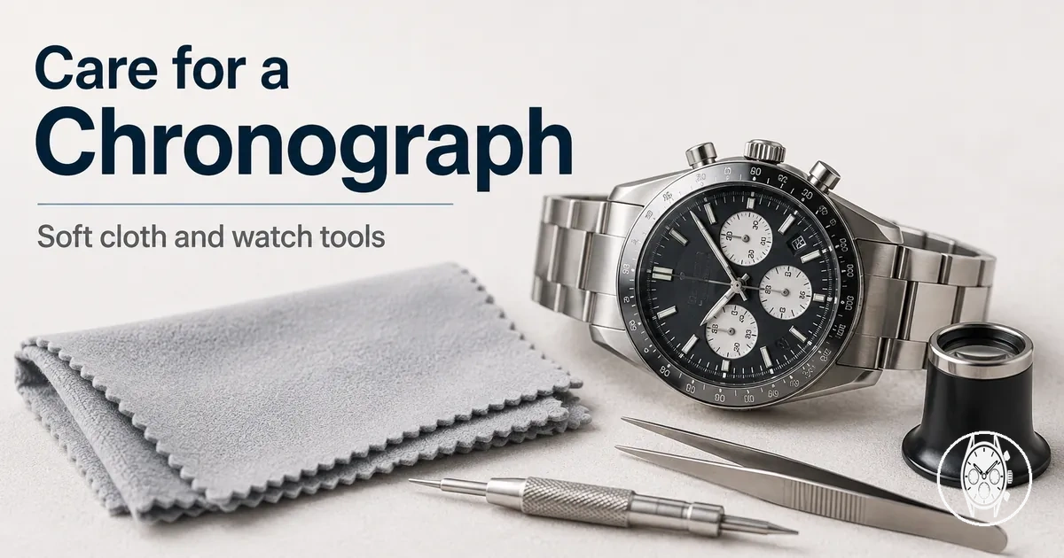 Men's chronograph watch cleaning and maintenance items including a soft cloth and watch tools