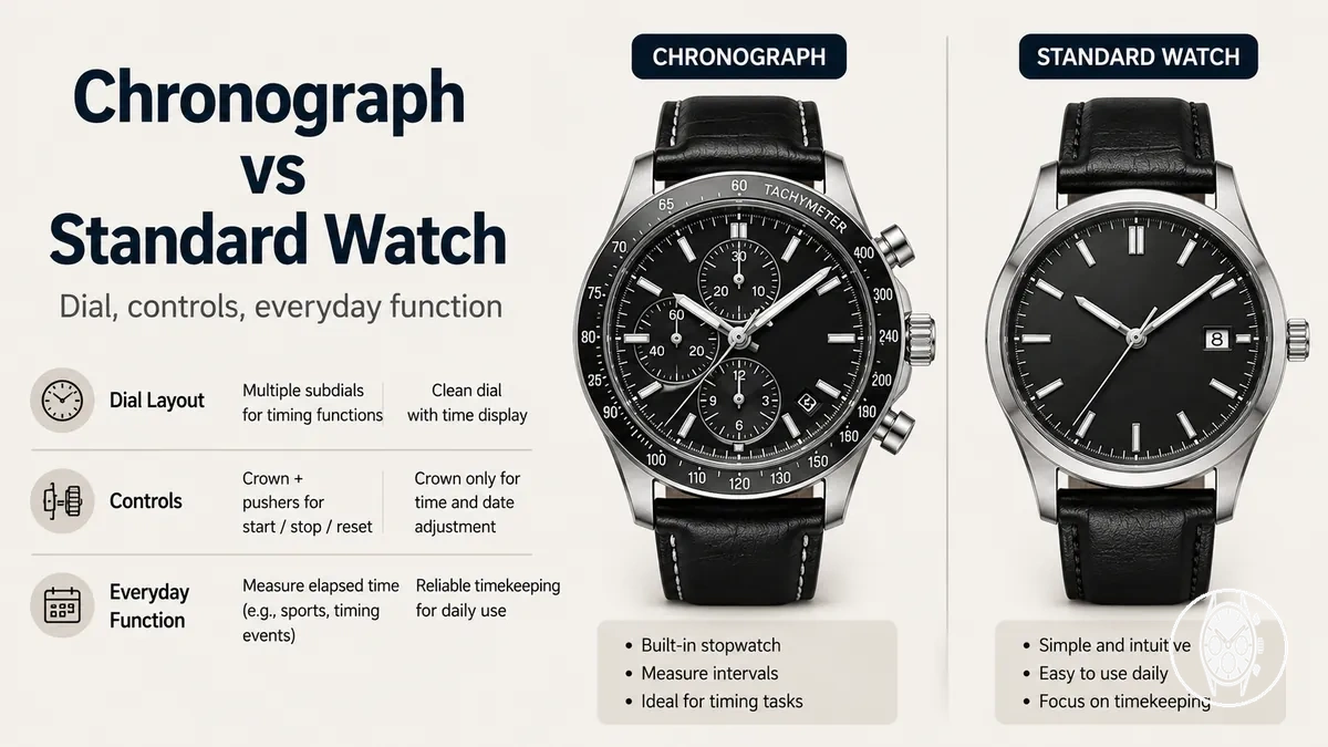 Men's chronograph watch and standard watch compared by dial layout, controls, and everyday function
