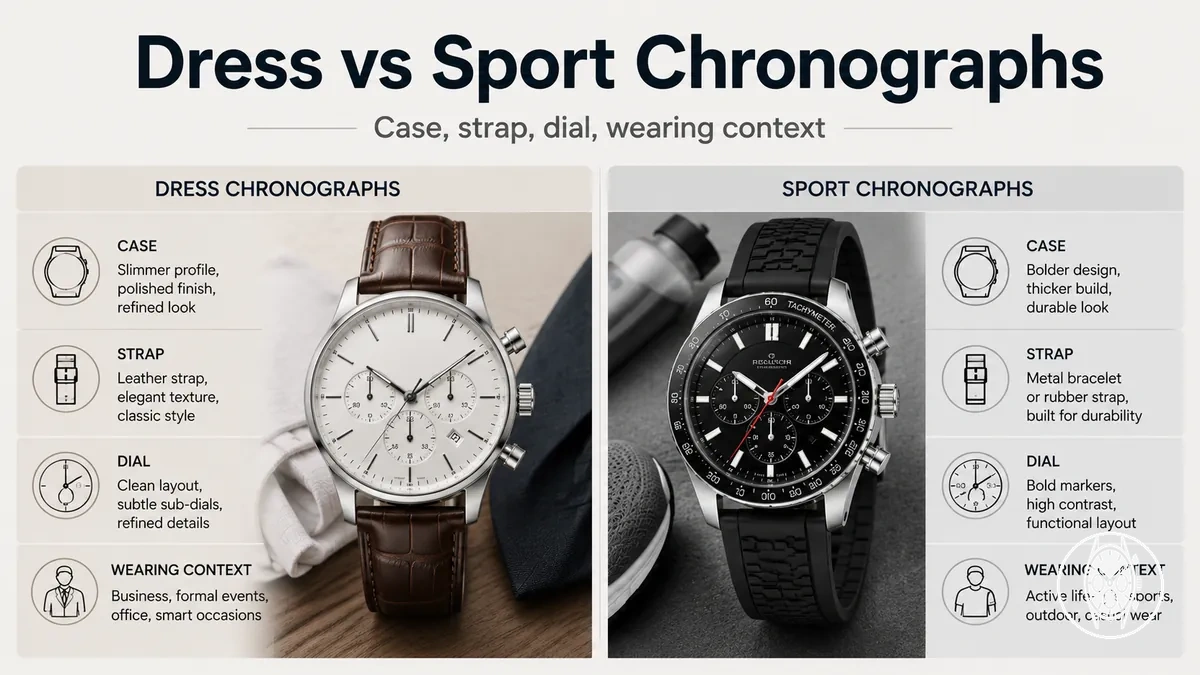 Dress and sport men's chronograph watches compared by case design, strap, dial style, and wear context