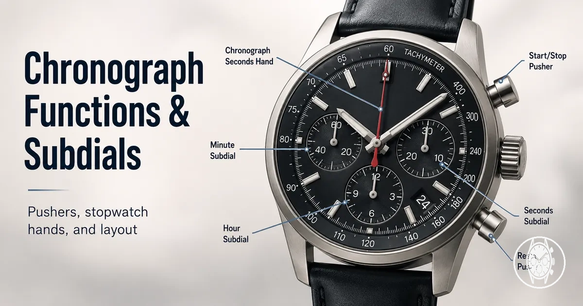 Men's chronograph watch dial showing subdials, pushers, and stopwatch hands