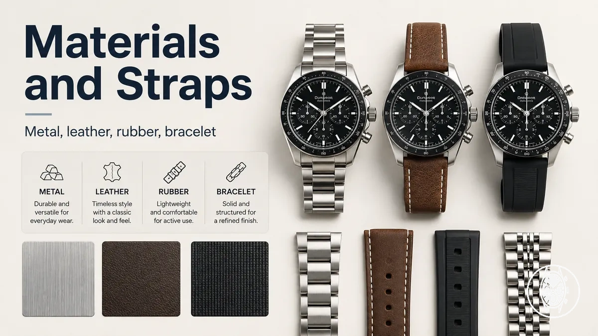 Men's chronograph watch materials including metal cases, leather straps, rubber straps, and bracelet styles