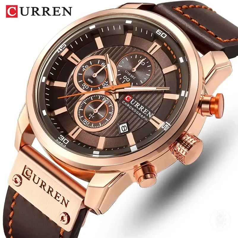 Men's military-style quartz chronograph watch with leather strap and sports wristwatch design