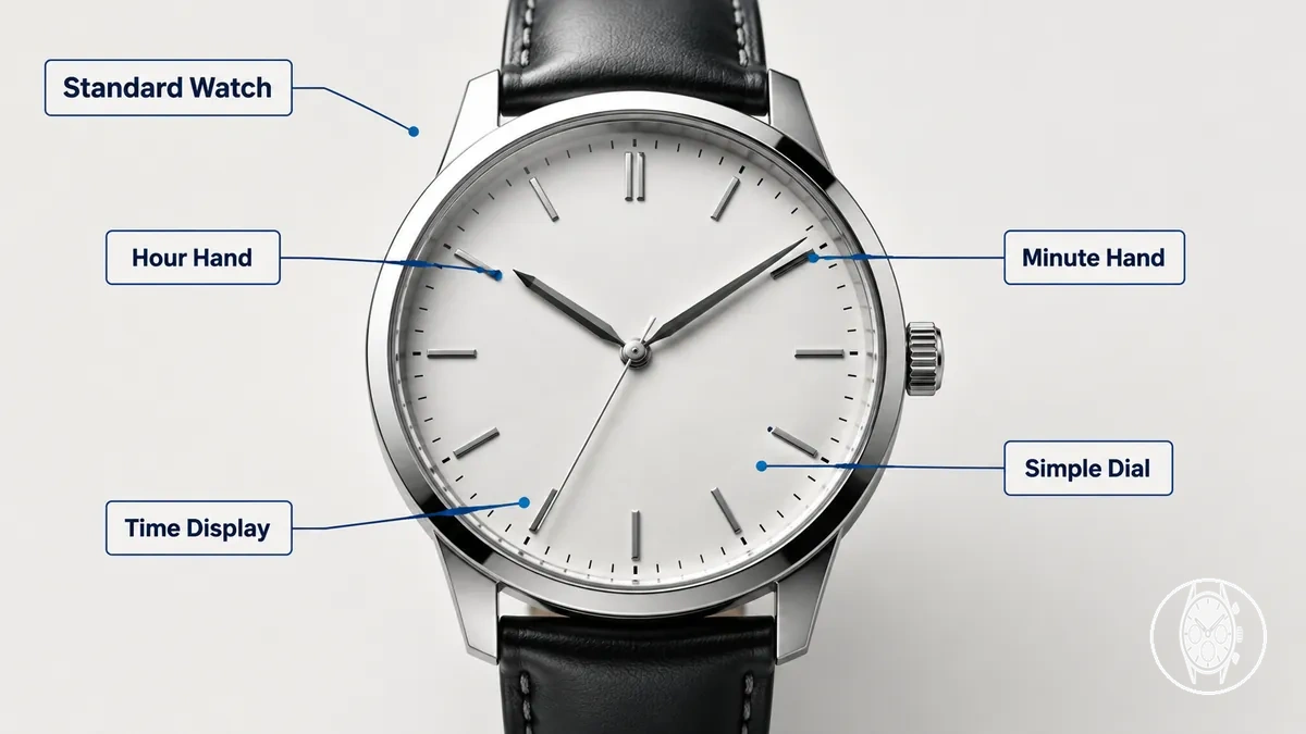 Standard analog watch with hour and minute hands on a simple time display