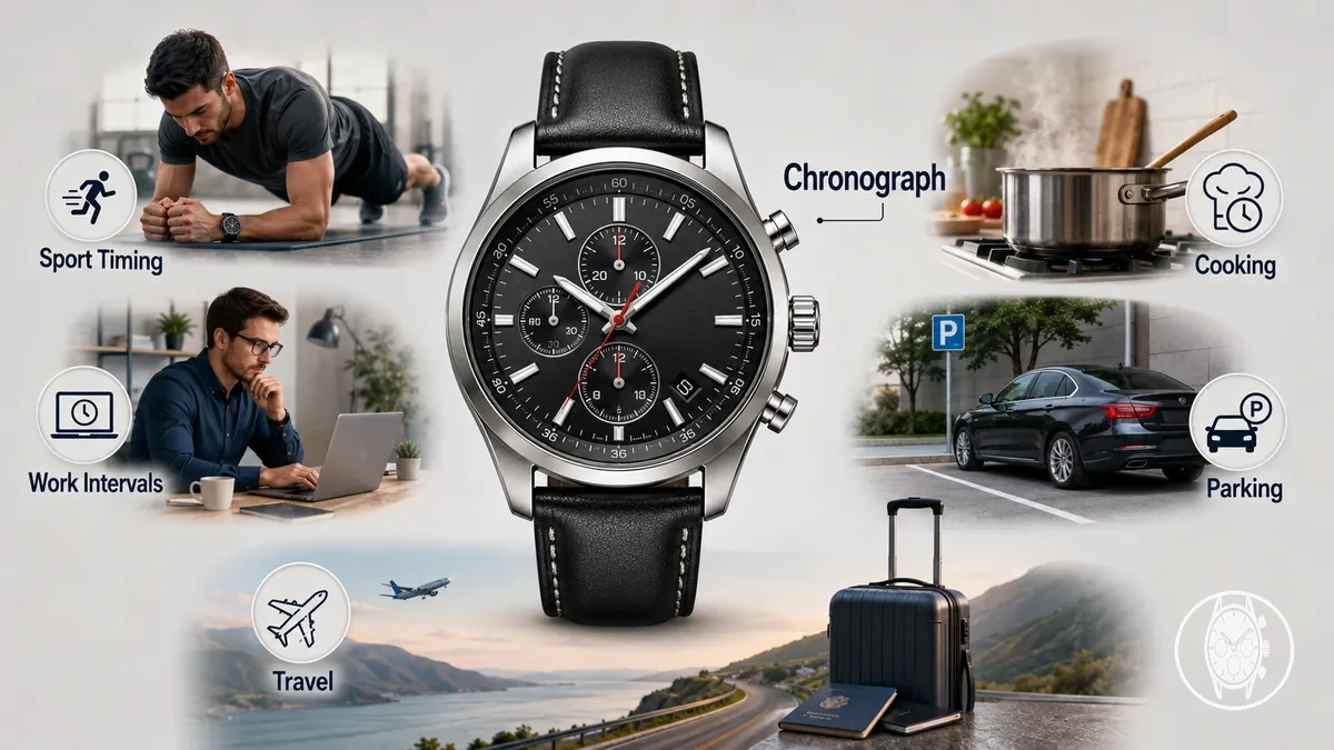 Mens chronograph watch used for everyday timing such as sport, cooking, work, parking and travel