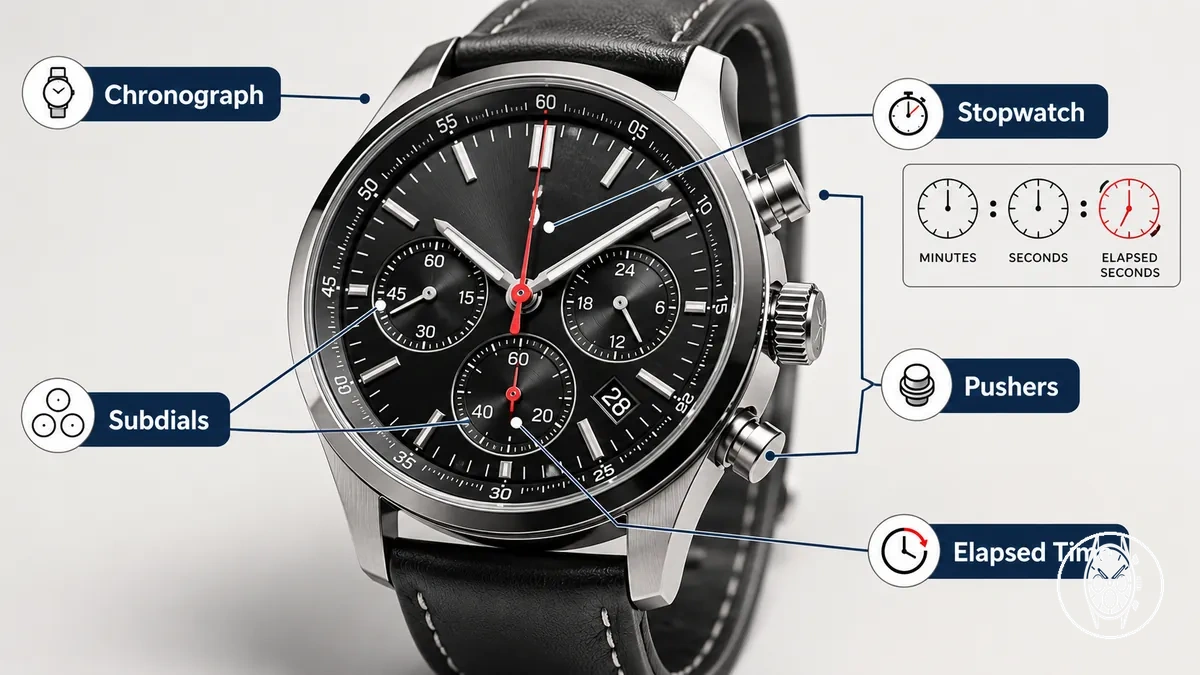 Chronograph mens watch with pushers, subdials and elapsed-time dial information