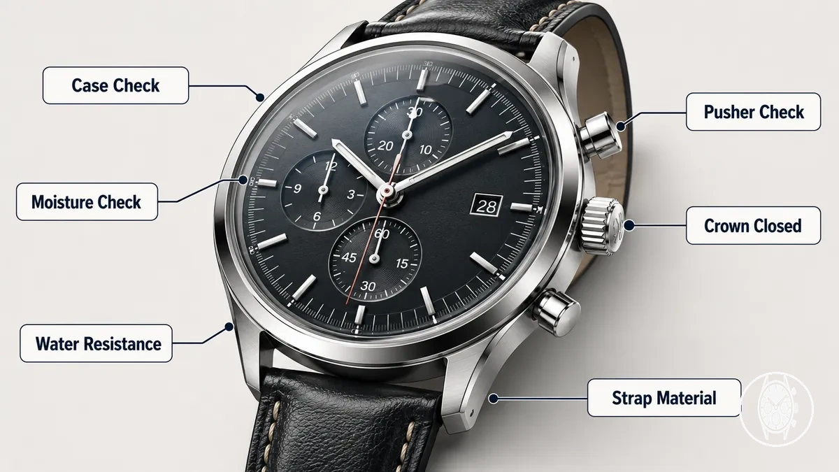 Close-up mens chronograph watch showing crown, pushers, strap connection, case, and pre-cleaning inspection points