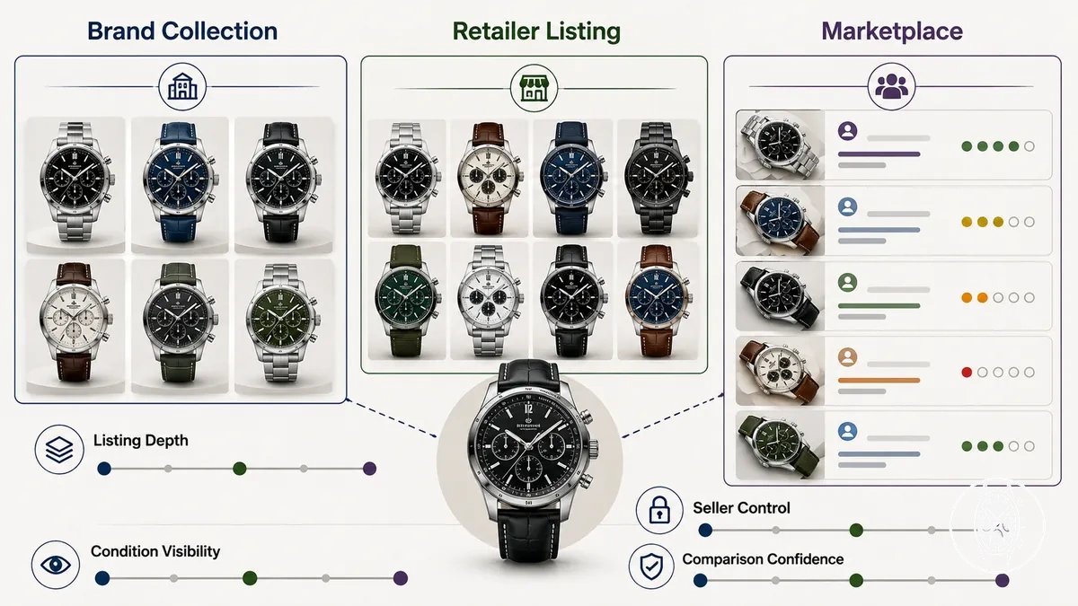 Annotated comparison of brand collections, retailer listings, and marketplace results for men's chronograph watches