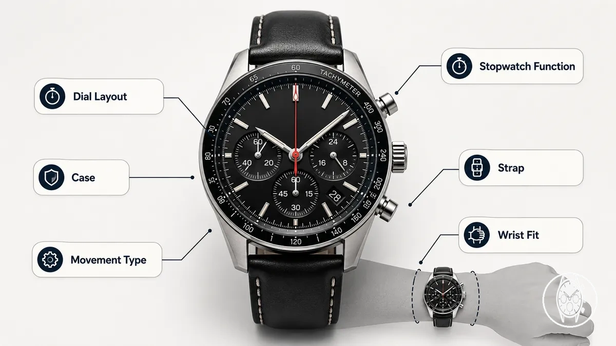 Men’s chronograph watch showing its dial, subdials, pushers, case and strap for basic selection checks