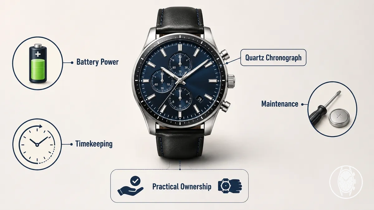 Quartz chronograph with battery power, timekeeping and simple maintenance cues