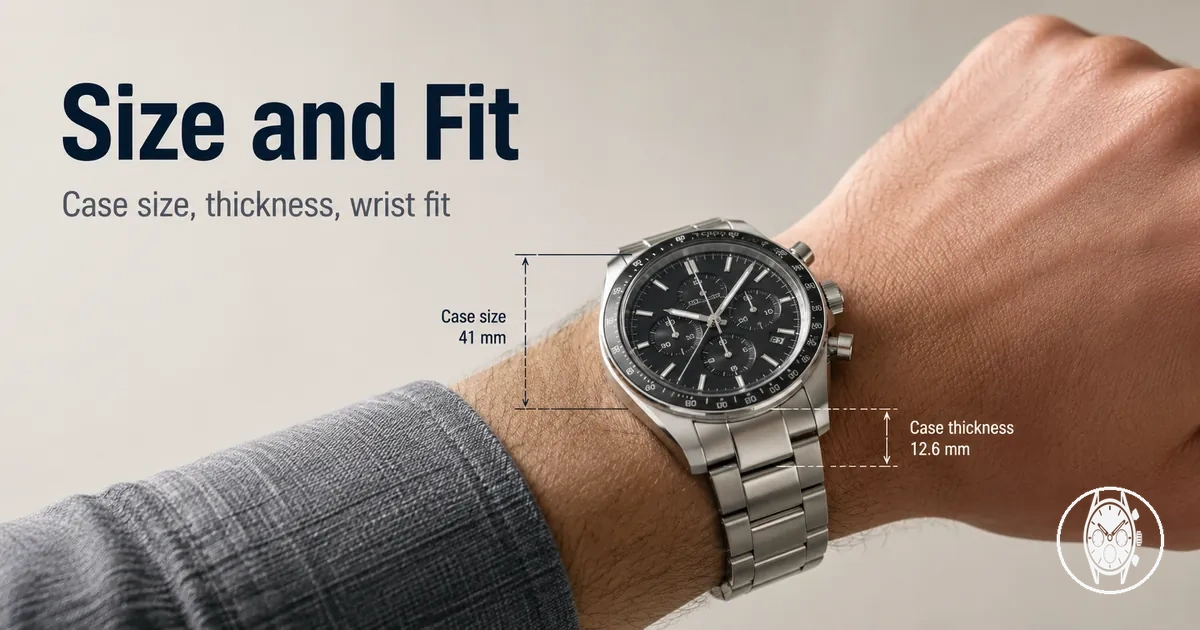 Men's chronograph watch worn on a wrist to show case size, thickness, and fit
