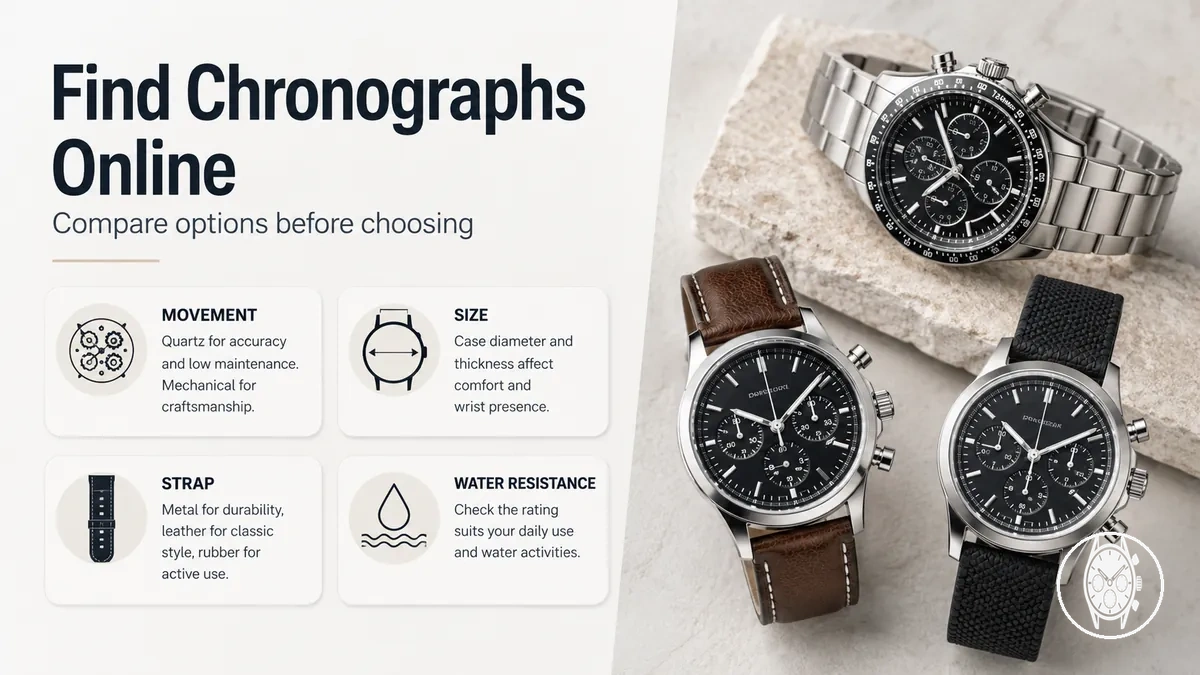 Men's chronograph watches shown with comparison criteria for checking options online