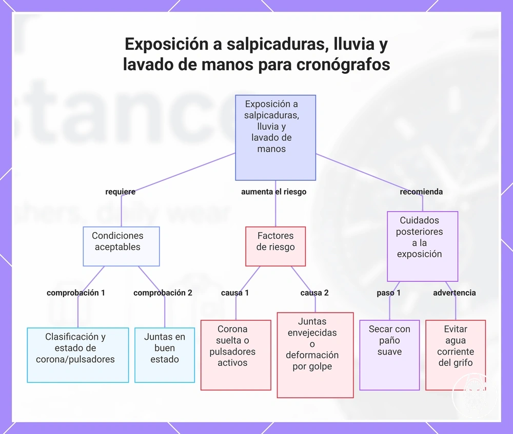 Exposición a salpicaduras, lluvia y lavado de manos para cronógrafos