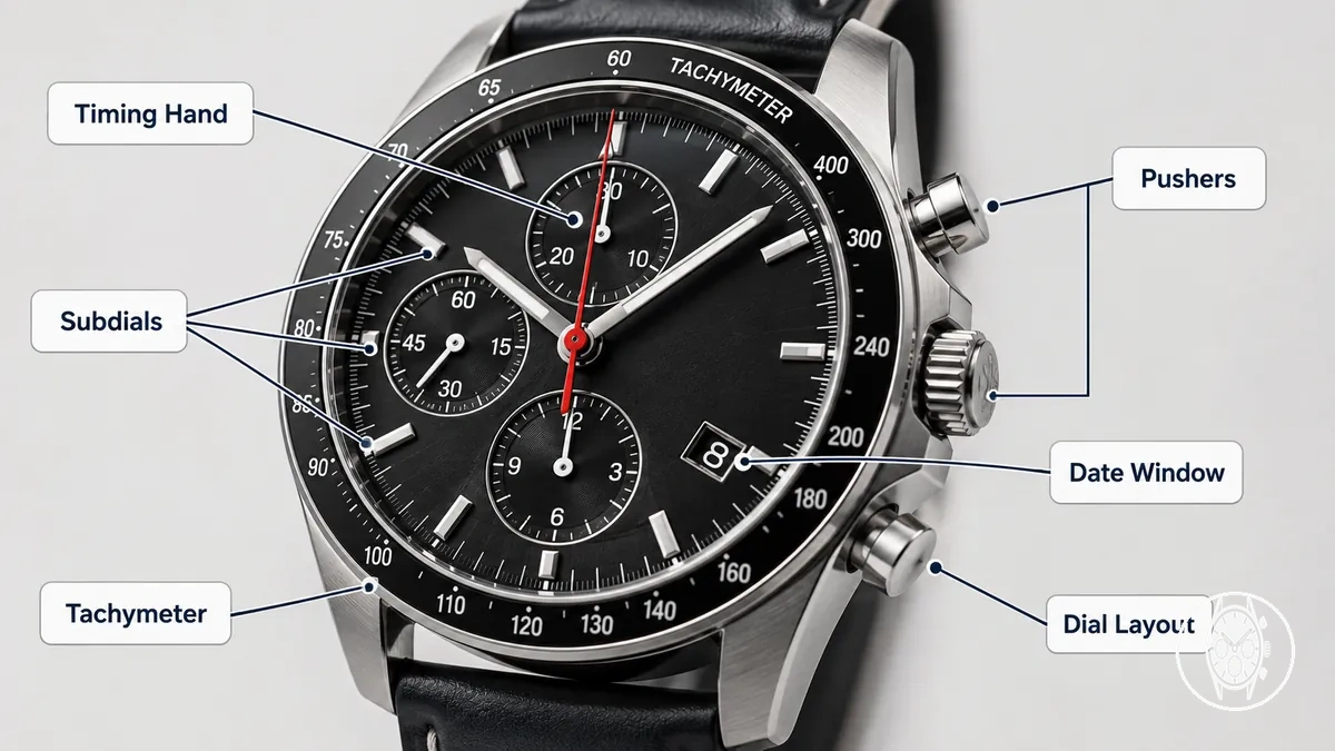 Esfera de reloj cronógrafo para hombre anotada que muestra funciones, subesferas, pulsadores y características de cronometraje