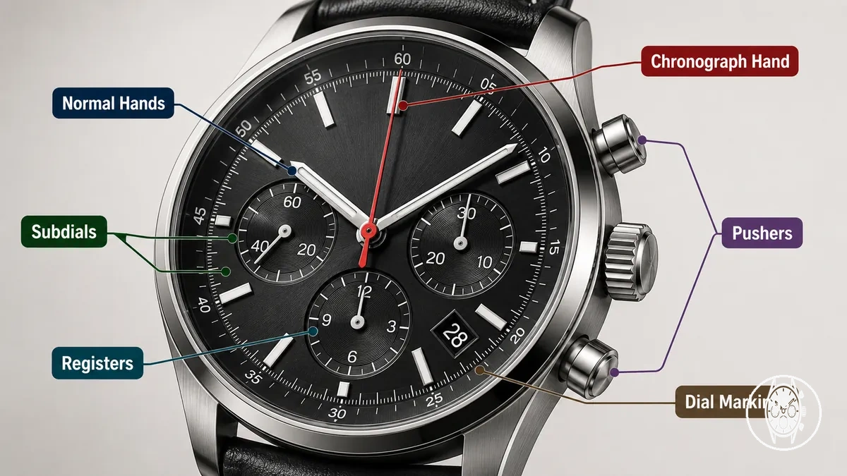 esfera de reloj cronógrafo que muestra agujas de hora normal, aguja de cronógrafo, subesferas, marcas y pulsadores laterales