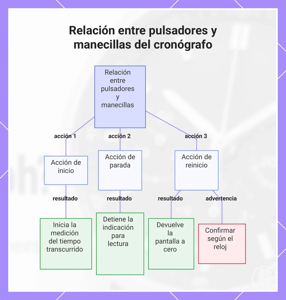 Relación entre pulsadores y manecillas del cronógrafo