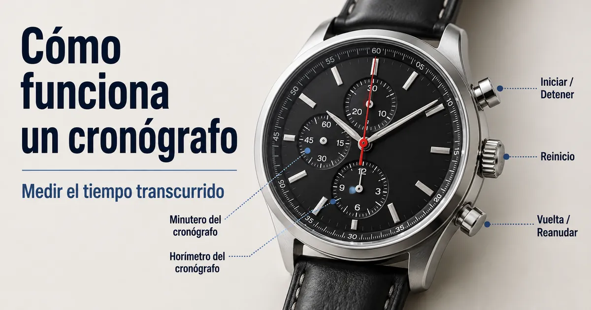 Reloj cronógrafo para hombre con agujas de cronómetro y pulsadores laterales para medir tiempo transcurrido