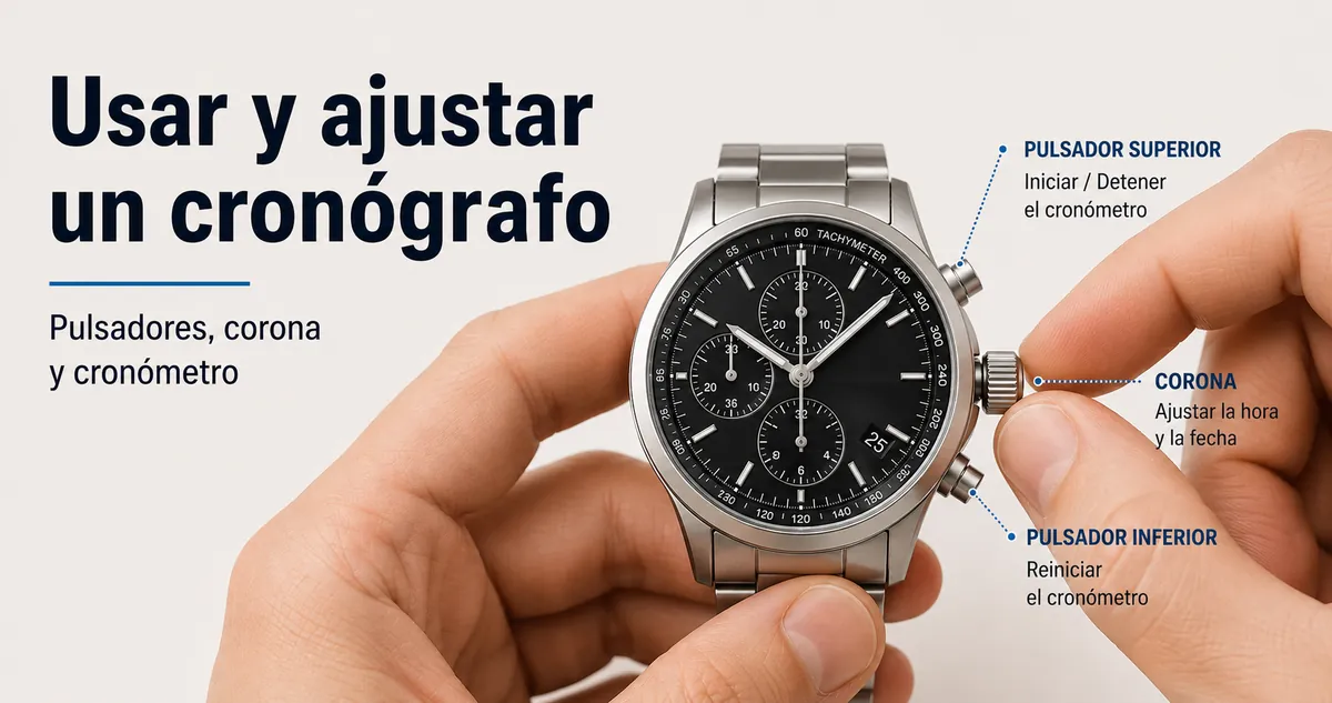 Manos usando los pulsadores y la corona de un reloj cronógrafo para hombre para ajustar y manejar el cronómetro