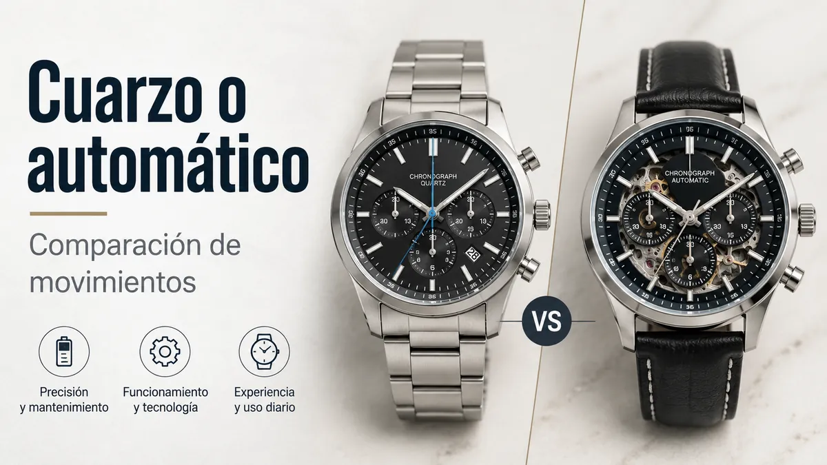Relojes cronógrafo de cuarzo y automáticos para hombre colocados juntos para comparar movimientos