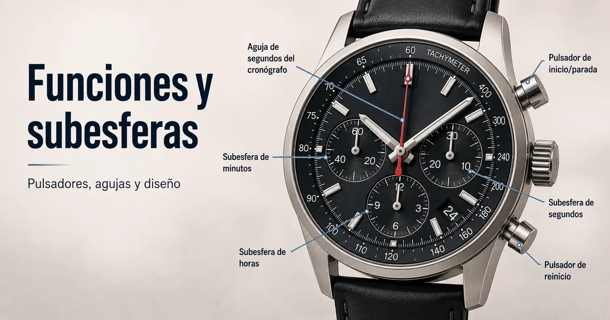 Esfera de un reloj cronógrafo para hombre con subesferas, pulsadores y agujas del cronómetro