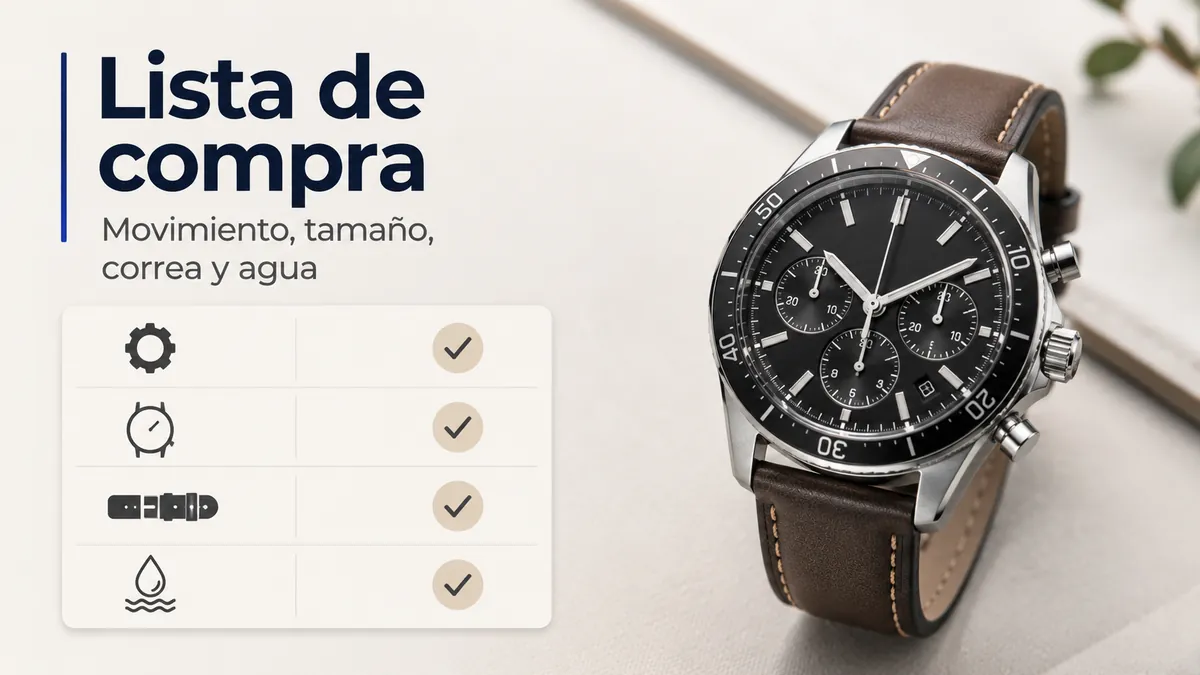 Lista de selección para un reloj cronógrafo de hombre con criterios de movimiento, tamaño, correa y resistencia al agua