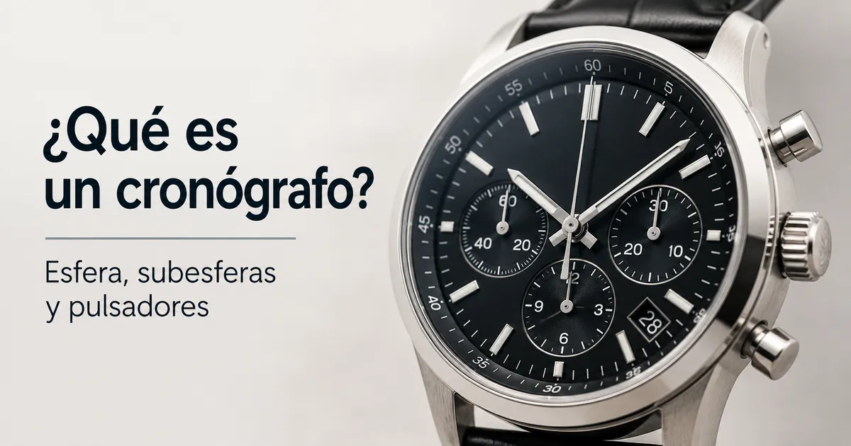 Primer plano de la esfera de un reloj cronógrafo para hombre con subesferas y pulsadores visibles