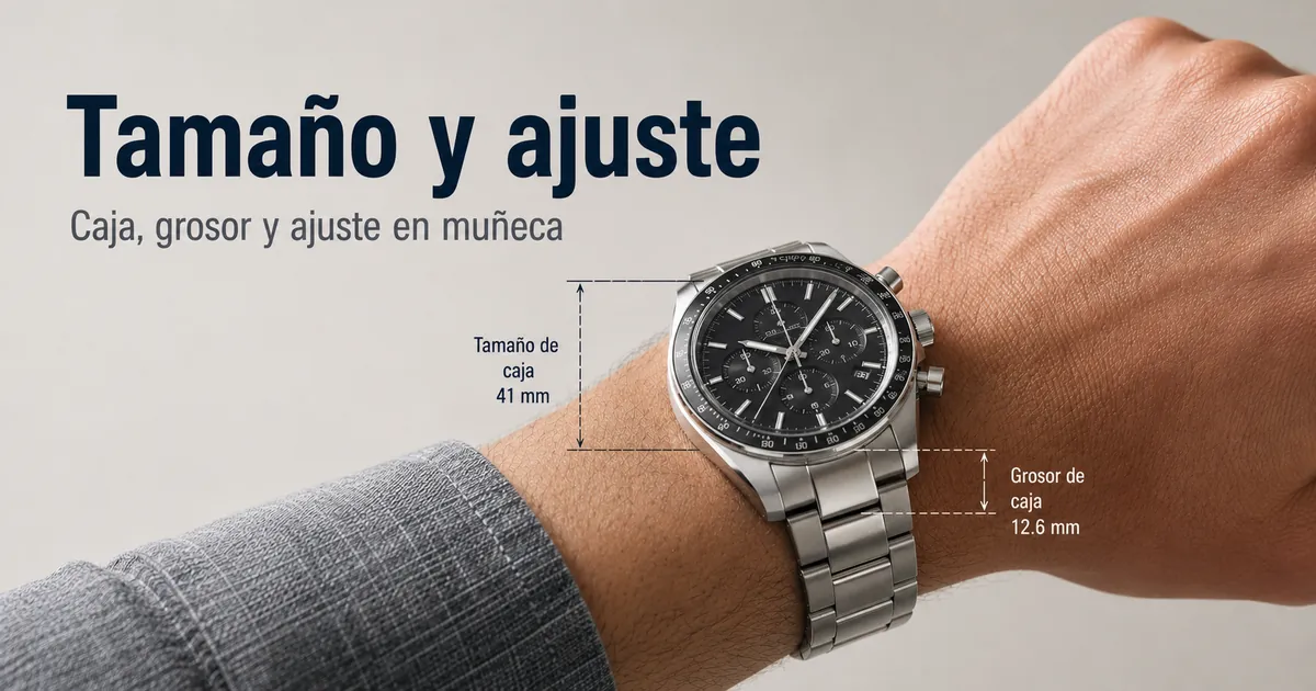 Reloj cronógrafo para hombre en la muñeca para mostrar tamaño de caja, grosor y ajuste