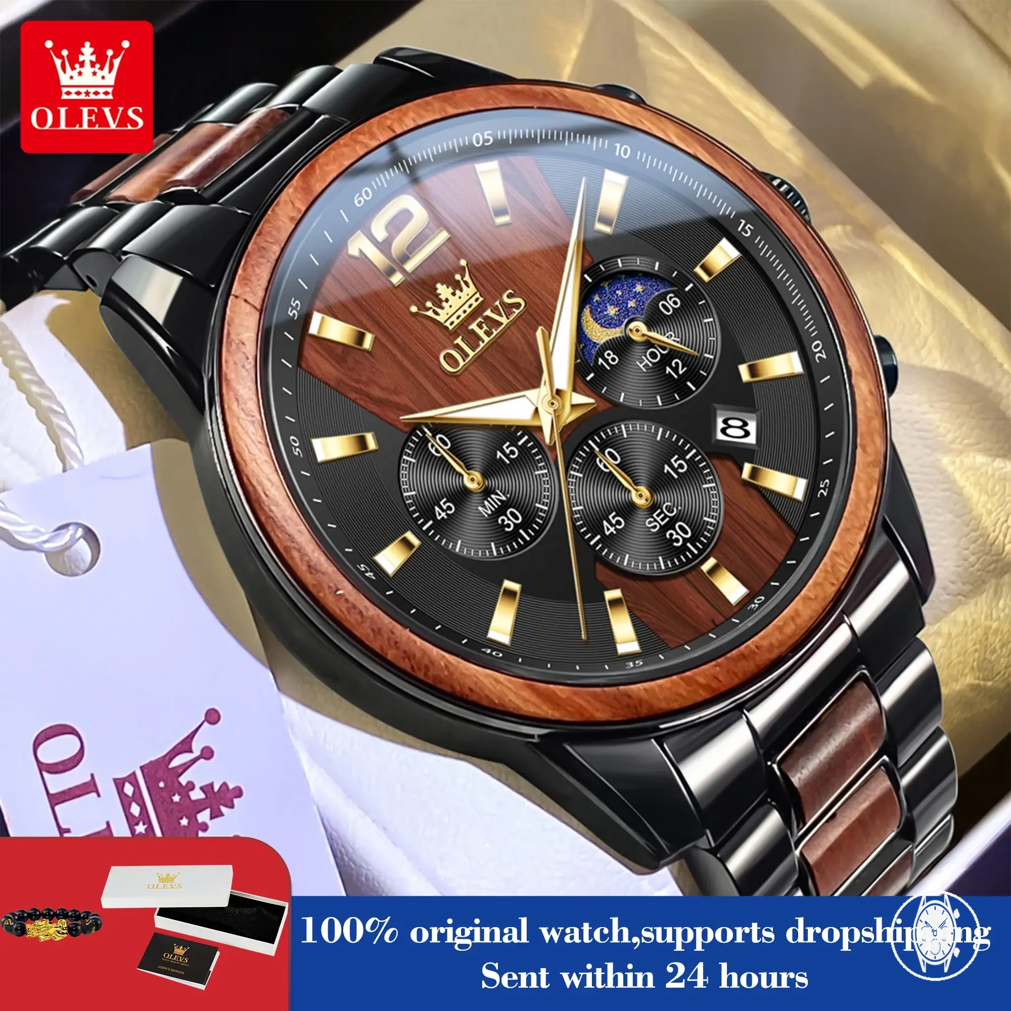 Montre chronographe quartz 44 mm pour homme avec design acier et bois, phase lunaire, boîtier étanche et aiguilles lumineuses