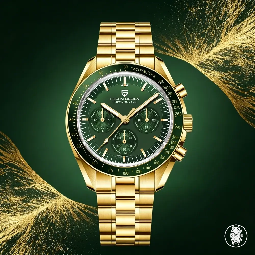 Montre chronographe sport quartz pour homme avec verre saphir, boîtier étanche et détails lumineux