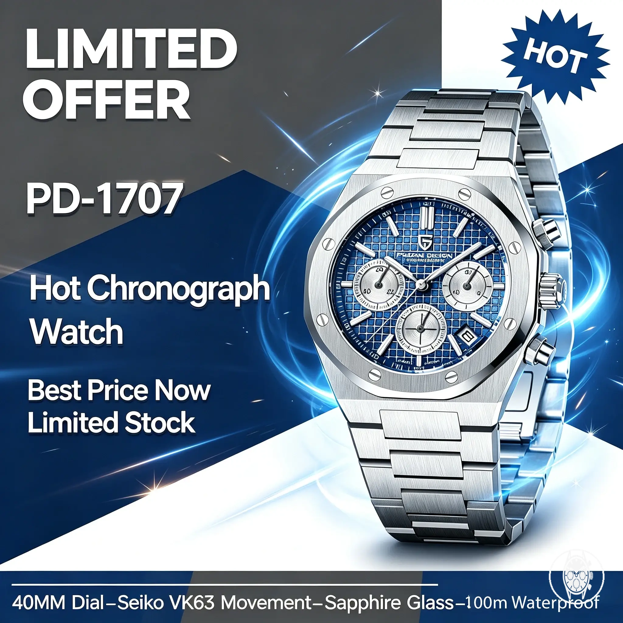 Montre chronographe quartz VK63 pour homme avec verre saphir, boîtier en acier inoxydable et étanchéité 20Bar