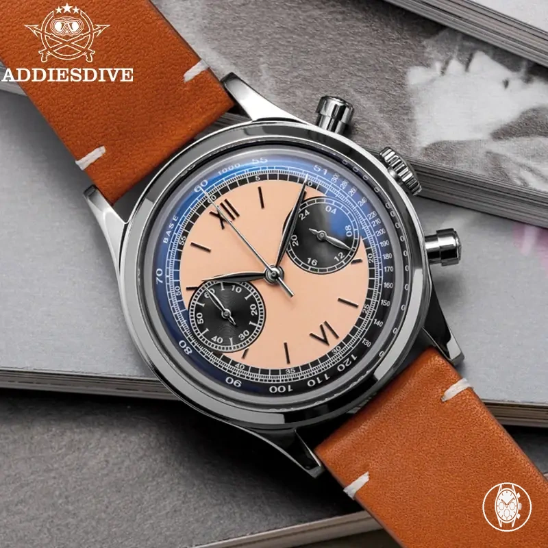 Montre chronographe quartz VK64 pour homme avec bracelet cuir et étanchéité 10Bar