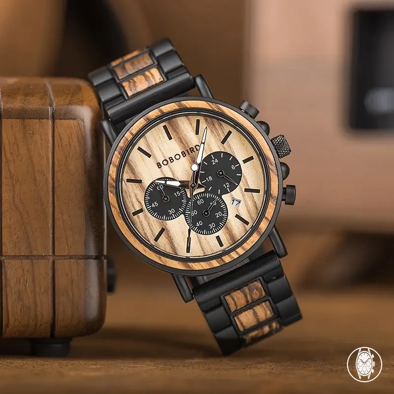 Montre-bracelet chronographe quartz pour homme avec bracelet métal et bois et coffret cadeau