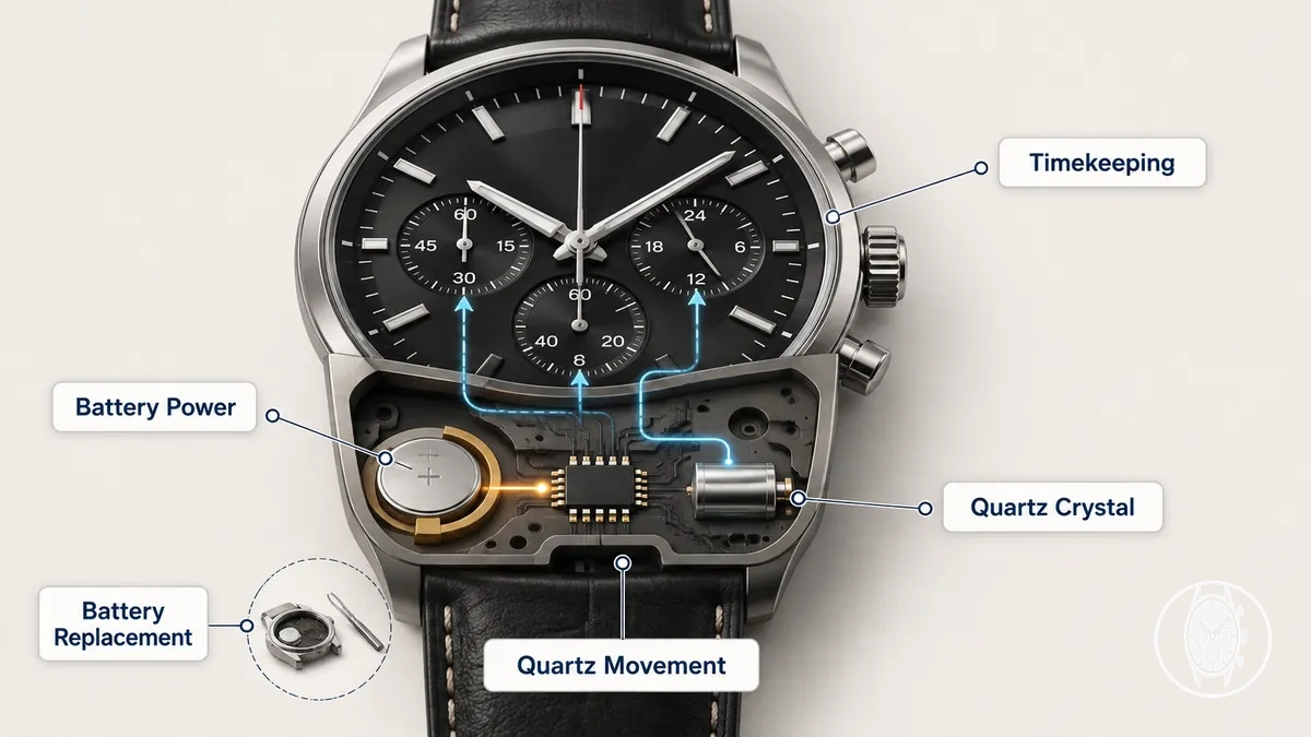 Pile et régulation par cristal de quartz dans un mouvement chronographe à quartz