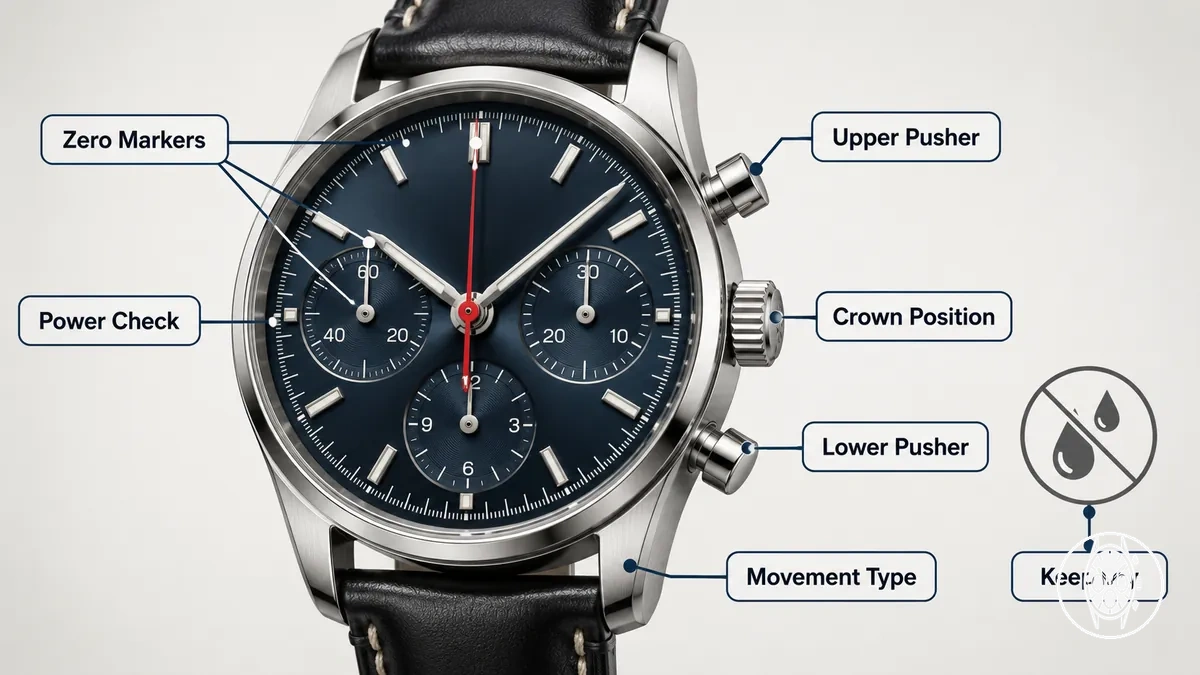 Cadran de montre chronographe montrant la couronne, les poussoirs supérieur et inférieur, et les repères zéro des aiguilles pour une vérification de sécurité avant réinitialisation
