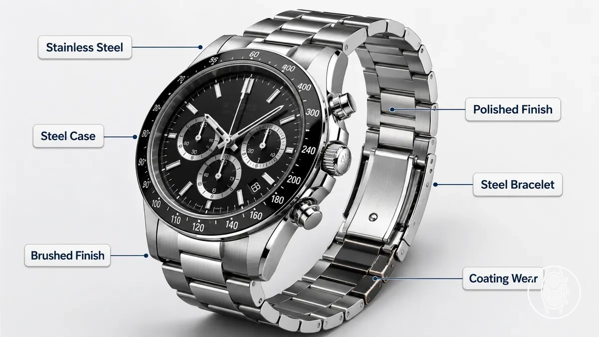 Boîtier et bracelet de chronographe en acier inoxydable avec finitions de surface brossées et polies