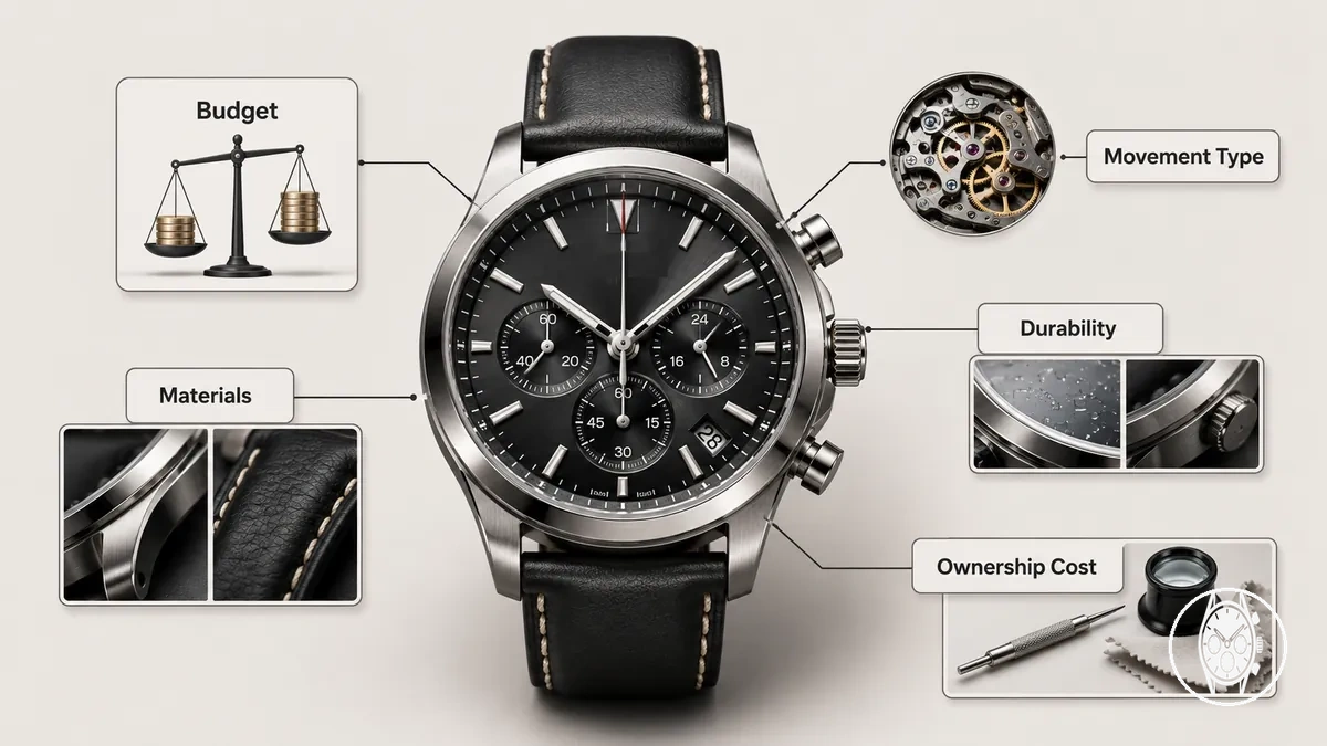 Comparaison de budget pour montre chronographe homme montrant le mouvement, les matériaux et la durabilité comme facteurs de valeur