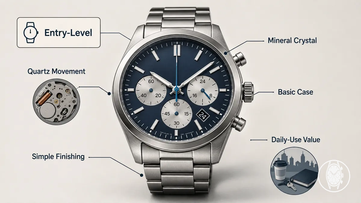 Montre chronographe homme d'entrée de gamme montrant un cadran simple, une construction de boîtier basique et des indices de valeur quotidienne