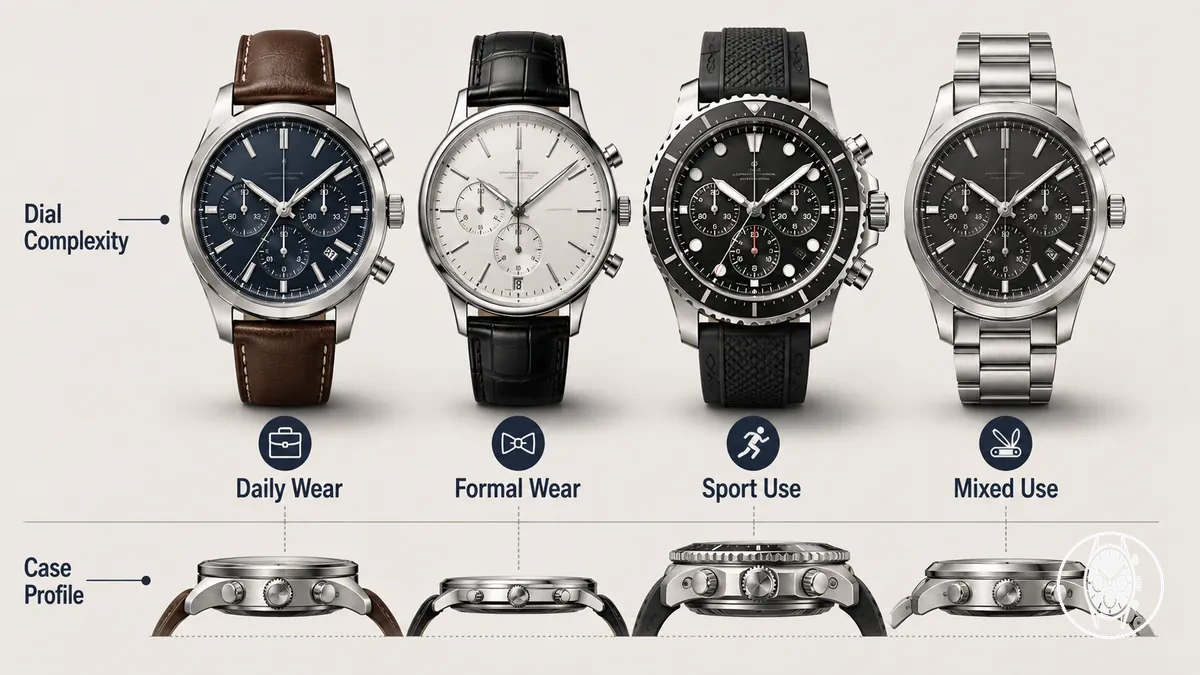 Montres chronographes homme comparées selon l'ajustement stylistique quotidien, formel, sportif et polyvalent