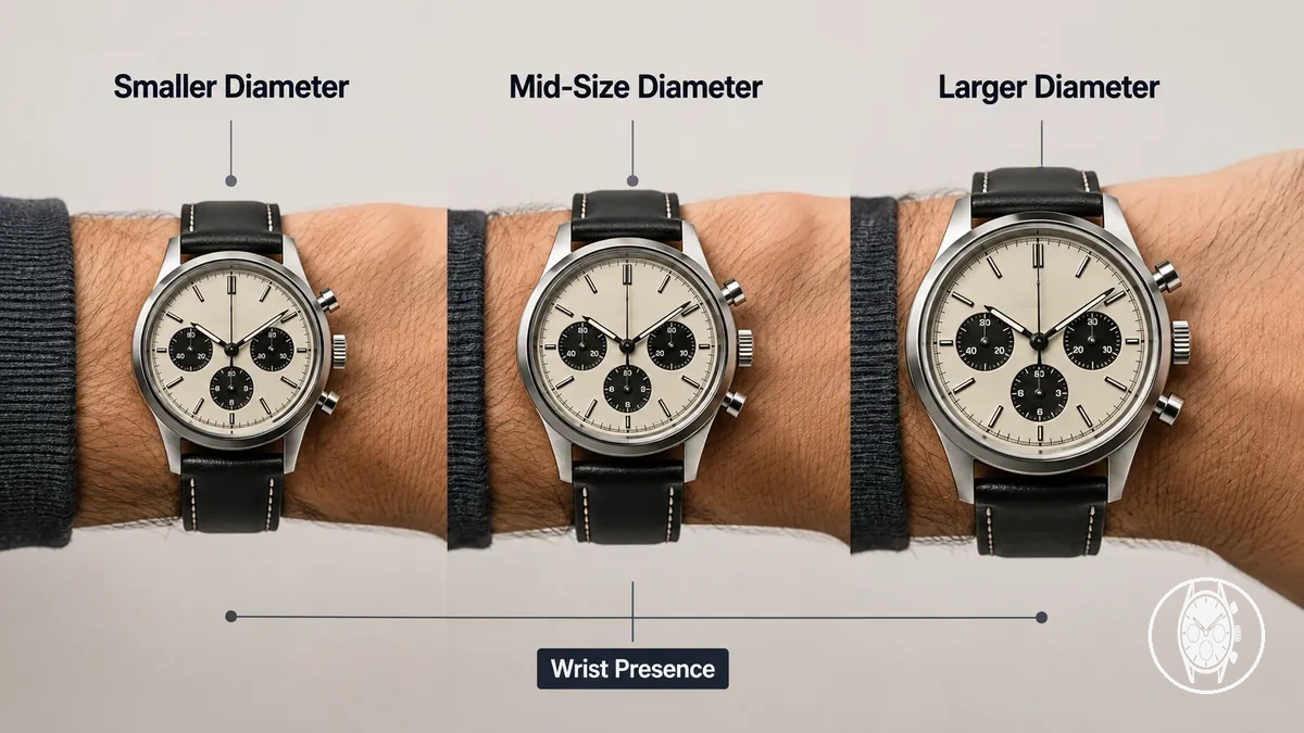 Comparaison des diamètres de boîtier de chronographe montrant différentes présences au poignet