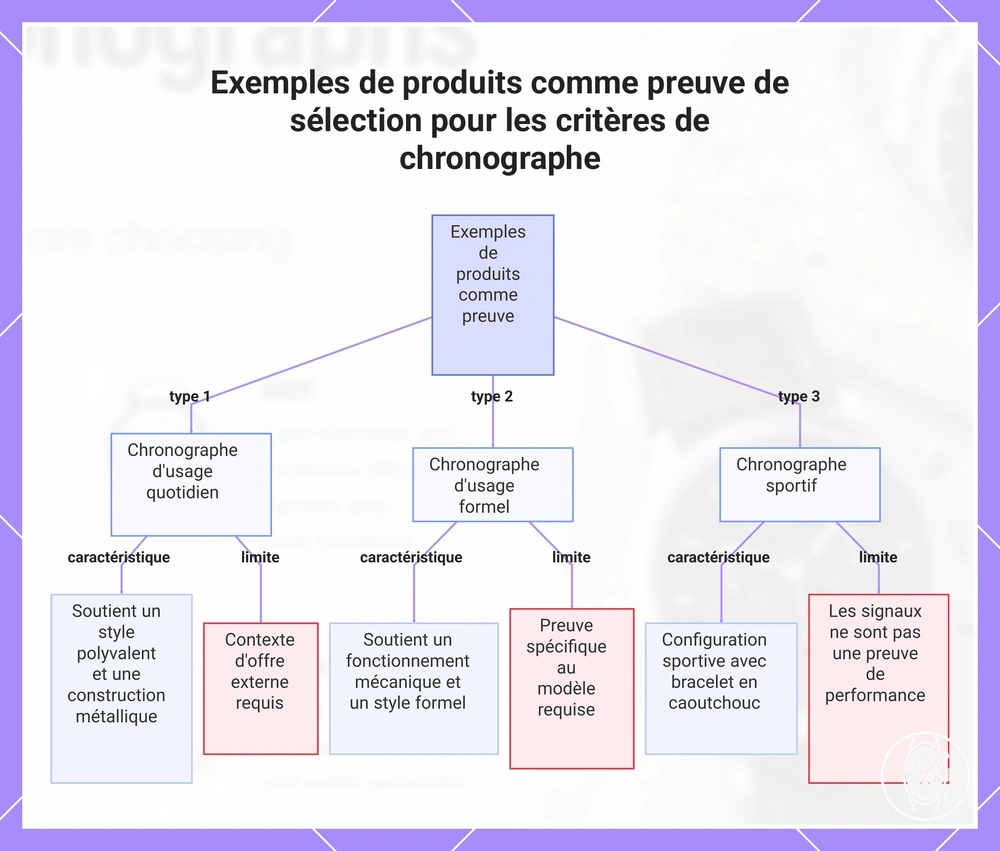 Exemples de produits comme preuve de sélection pour les critères de chronographe