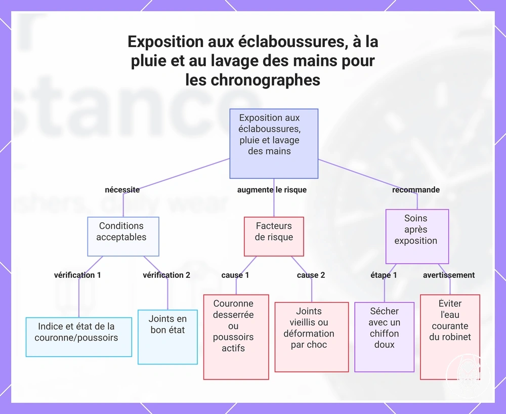 Exposition aux éclaboussures, à la pluie et au lavage des mains pour les chronographes
