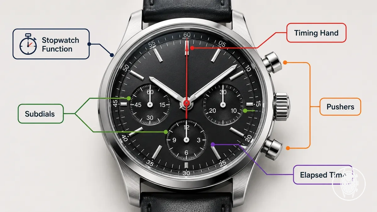 Chronographe montrant les poussoirs du chronomètre, les compteurs et une aiguille de chronométrage du temps écoulé